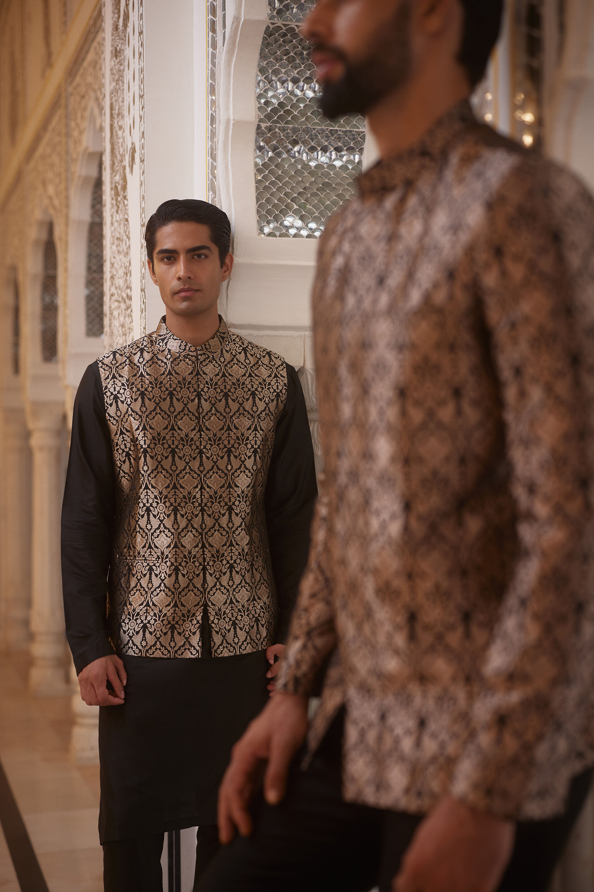 Swarank Handwoven Benarasi Silk Nehru Jacket - Black, Black, image 4